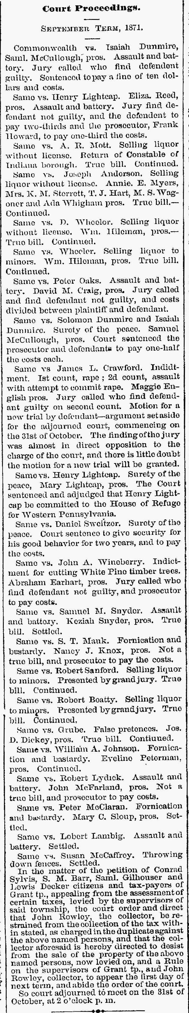 Indiana County PA Court Proceedings September 1871